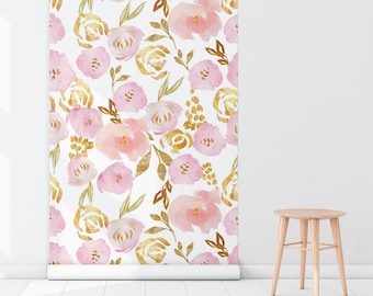 Glitter Roses 87  - REMOVABLE WALLPAPER - Pastel Pink and Gold, Elegant, Temporary Wallpaper, For Renters, Premium, Flowery
