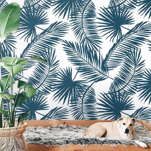 Palm Pattern 201  - REMOVABLE WALLPAPER - Cerulean and White, Wall Decor, Reusable, Large Print, Custom Wallpaper, Minimalistic