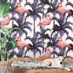 Pink Flamingos 26 - ENTFERNBARE TAPETE - Lila und Korallenrosa, Blätter, Wanddekor, wiederverwendbar, Großdruck, individuelle Tapete, exotisch