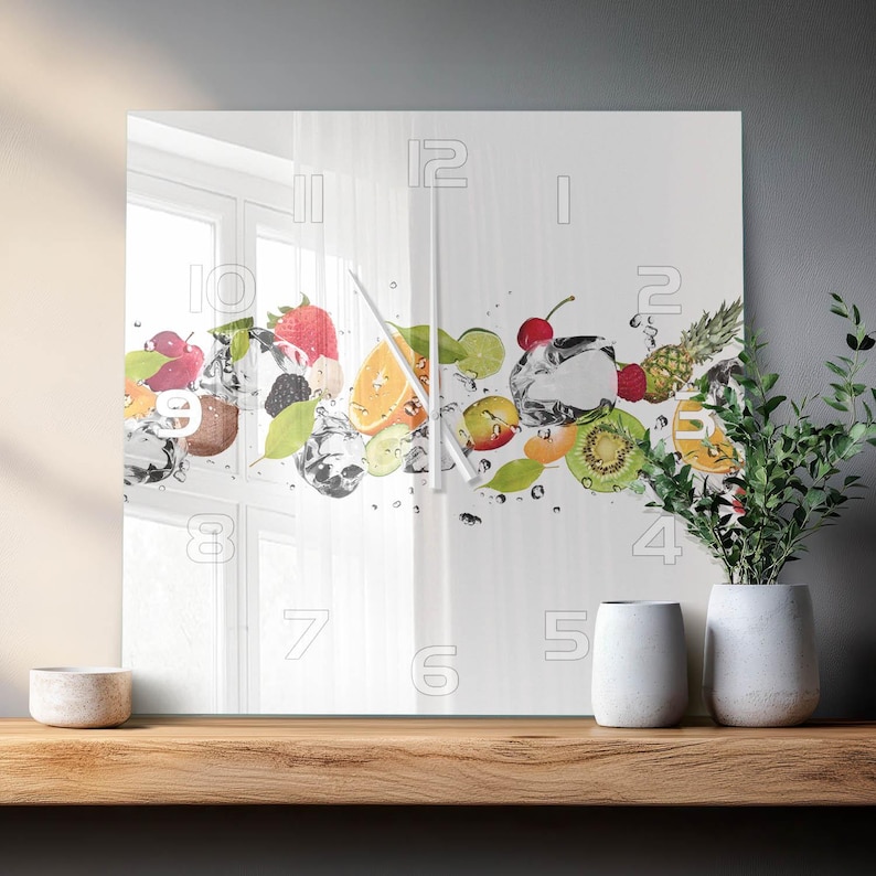 Square Water Clock Fruit and Water Square Wall Clock, Multicolored Custom Glass Wall Clock ...