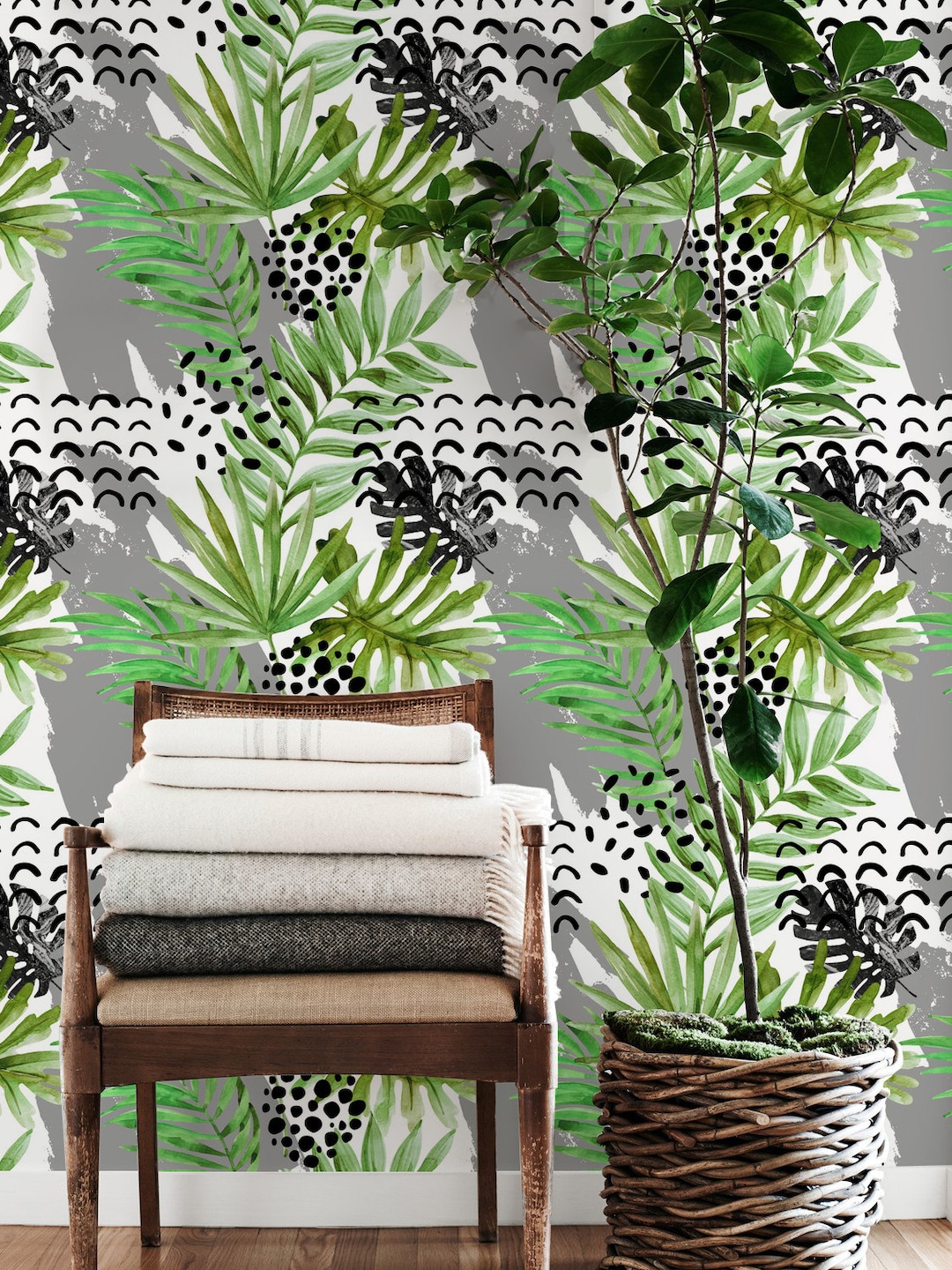 Wallpaper Roll, Removable Wallpaper, Tropical Ink and Leaves, Removable