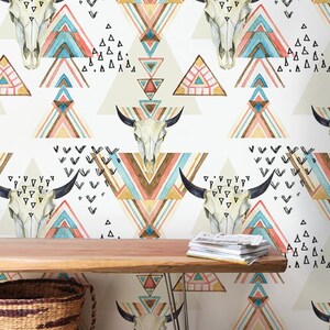 Wallpaper Roll, Removable Wallpaper, Boho Bulls , Colorful Wallpaper, Boho Pattern, Removable Wallpaper,   Wall  Wall Mural, Sticker, 101R