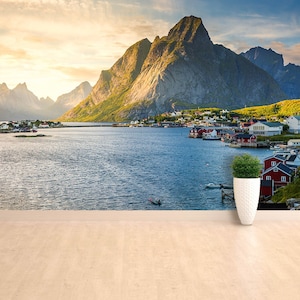Fjord Norway peel&stick or non-woven photo wall mural | wallpaper Lofoten, Reine, Norway  photomural self adhesive photowallpaper wall