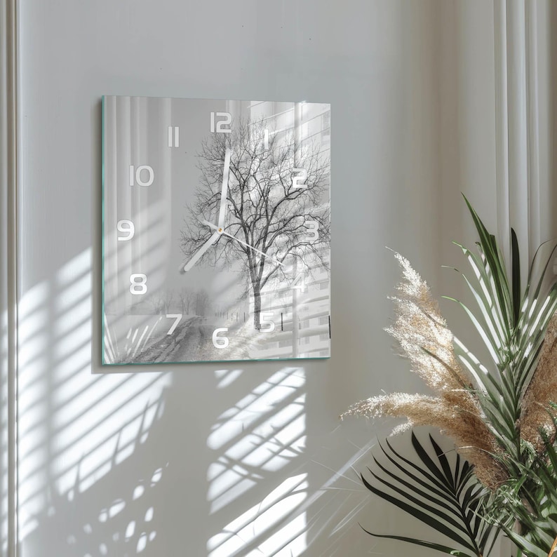 Square Clock Frame Winter Tree Square Wall Clock, White Custom Glass Wall Clock ...