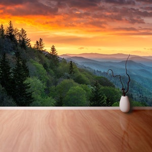 Mountains Sunrise peel&stick or non-woven photo wall mural | wallpaper Great Smoky Mountains Sunrise Outdoors Scenic Landscape between
