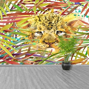 Carta da parati fotografica autoadesiva o da incollare e incollare, modello Lion Retro. Cucciolo di leone, foresta, foglie verdi, illustrazione ad acquerello.