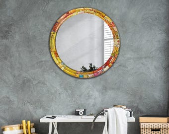 Färgglatt målat glas, spegel med orange ram, spegel med abstrakt mönster, spegelramstryck, färgglad cirkelspegel