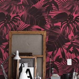 Pink Palm 226  - REMOVABLE WALLPAPER - Pink and Black, Leaves, Wallcovering, Self-Adhesive Fabric, Eco-Friendly, Abstract