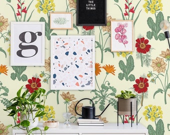 Field Flowers 207 - CARTA DA PARATI RIMOVIBILE - Giada e verde chiaro, Botanico, Decorazione murale, Riutilizzabile, Stampa grande, Carta da parati personalizzata, Floreale