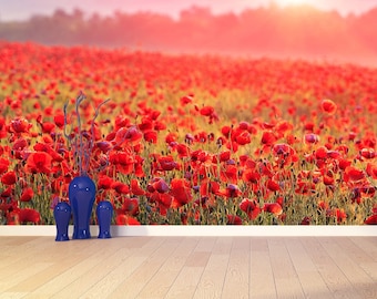 Poppy field self adhesive or paste & glue photo wallpaper | mural Red poppy field in morning mist  traditional vinyl non-woven nature