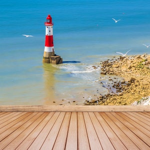 Papel pintado fotográfico autoadhesivo o no tejido de Lighthouse England Acantilados de tiza blanca y vista aérea Lighthouse Beachy Head, Eastbourne,,