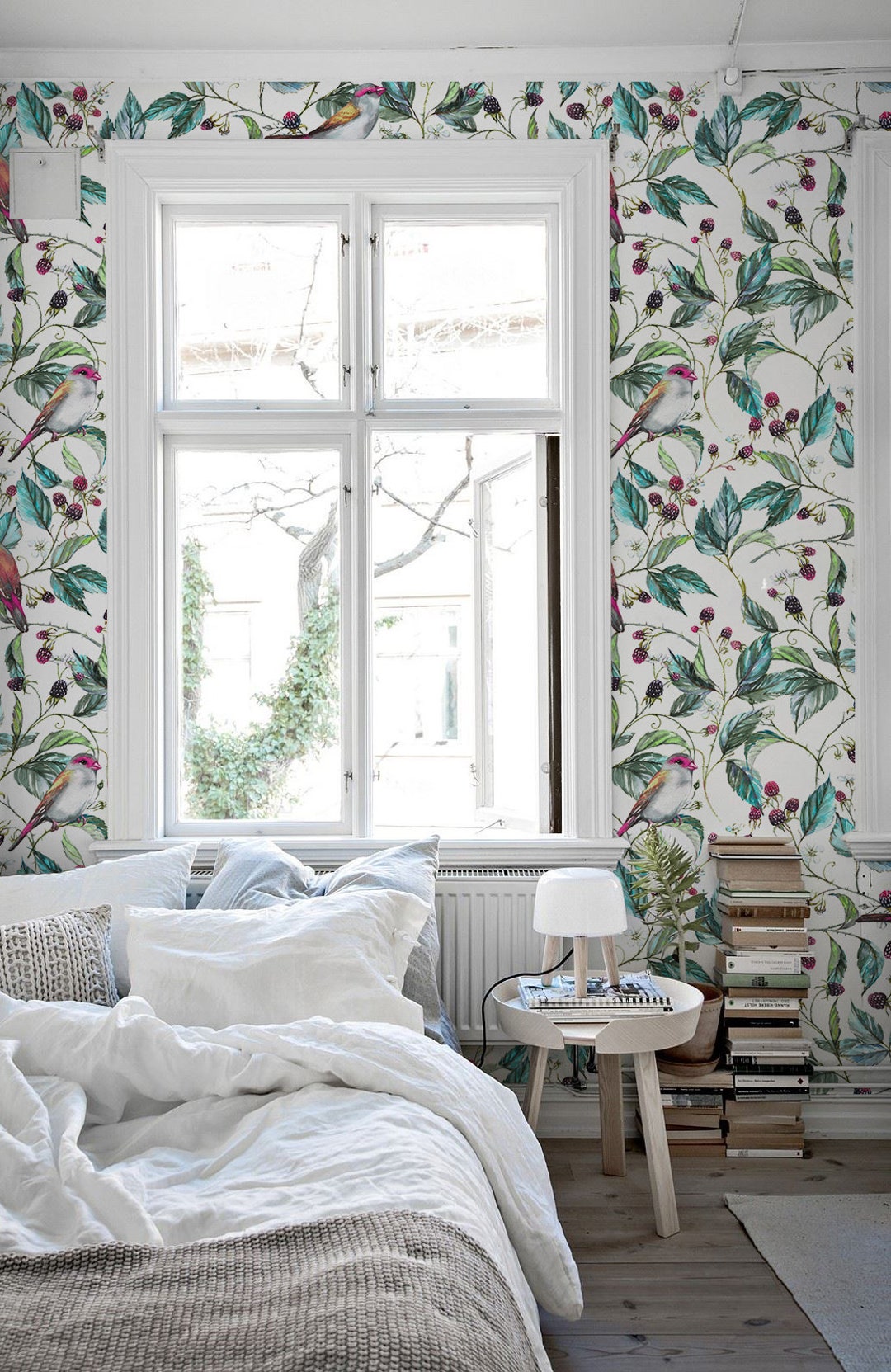 Wallpaper Roll, Removable Wallpaper, Birds on Branch Removable Wallpaper, Retro Birds Wallpaper
