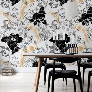 Wallpaper Roll, Removable Wallpaper, Birds Wallpaper, Flower Pattern, Black and Yellow Wallpaper,   Self Adhesive,  Wall  66R