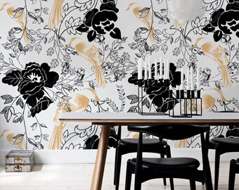 Wallpaper Roll, Removable Wallpaper, Birds Wallpaper, Flower Pattern, Black and Yellow Wallpaper,   Self Adhesive,  Wall  66R