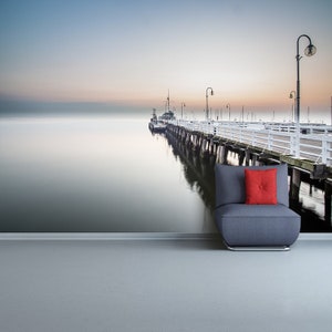 Sunrise Pier repositionable mural | wallpaper Sunrise at the pier in Sopot, Poland.  photomural vinyl peel and stick non-woven traditional
