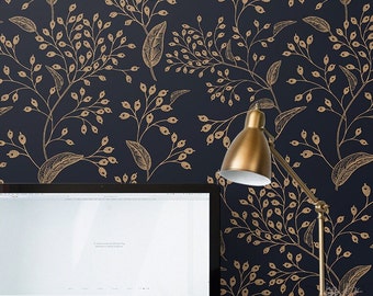 Gold Rowan 248  - REMOVABLE WALLPAPER - Gold and Onyx, Foliage, Home Decor, Interior Design, Peel and Stick, Glamour