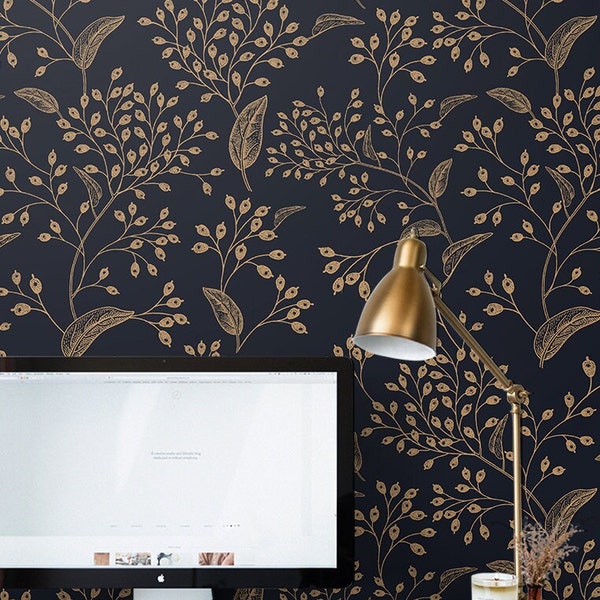 Gold Rowan 248  - REMOVABLE WALLPAPER - Gold and Onyx, Foliage, Home Decor, Interior Design, Peel and Stick, Glamour