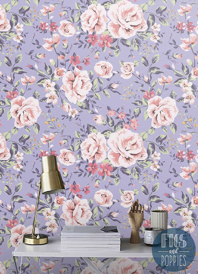 Pink Flowers 223 REMOVABLE WALLPAPER Pale Pink and - Etsy