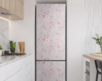 キムチ用冷蔵庫　 ピンク花柄 ホワイト 動く花の枝の冷蔵庫ラップ、ピンクの冷蔵庫ステッカー、キッチン