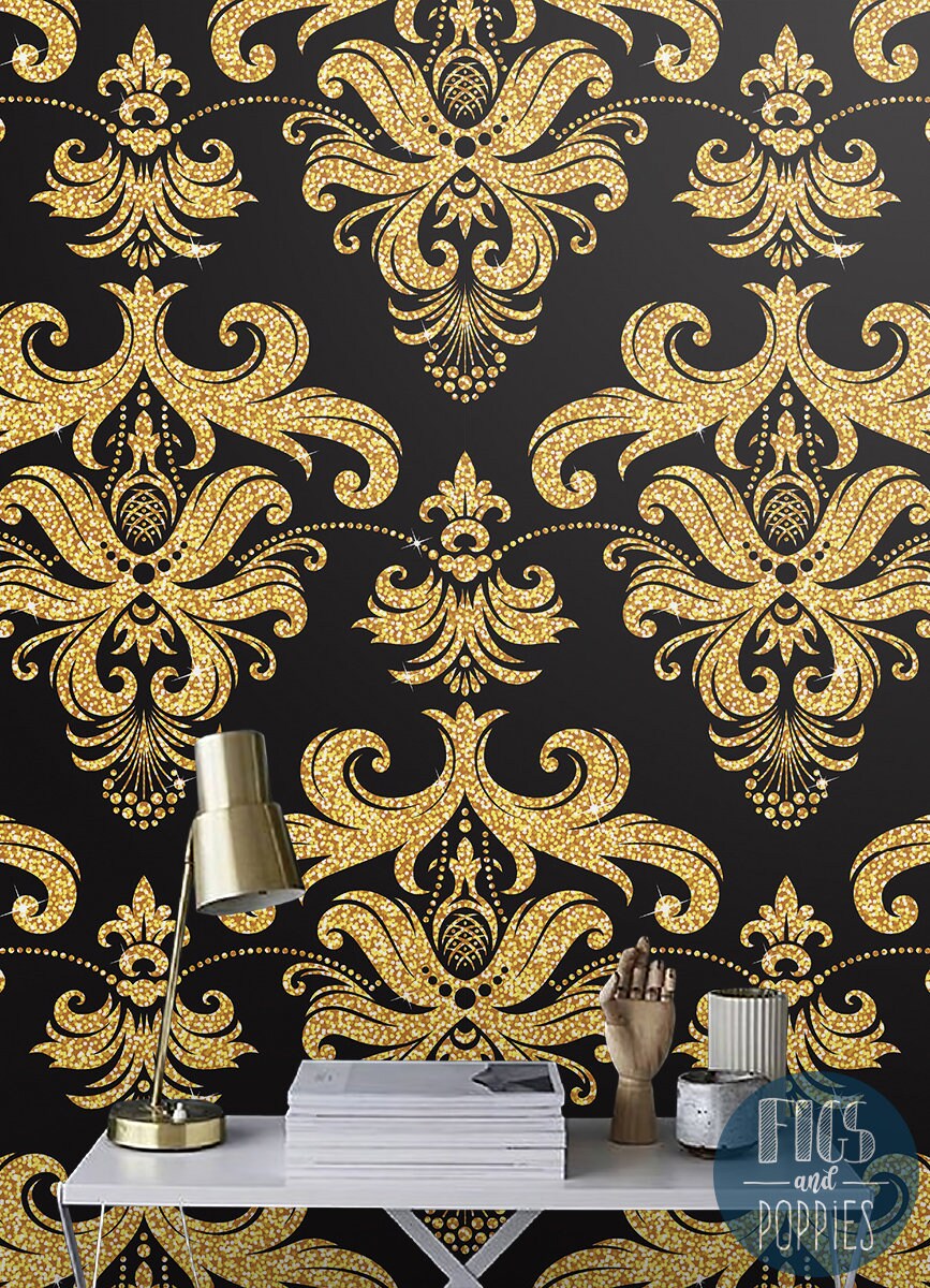 Golden Floral 325 REMOVABLE WALLPAPER Gold and Black | Etsy
