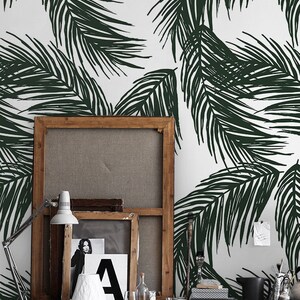 Green Palm 58  - REMOVABLE WALLPAPER - Anthracite and White, Flat, Wall Decor, Reusable, Large Print, Custom Wallpaper, Modern