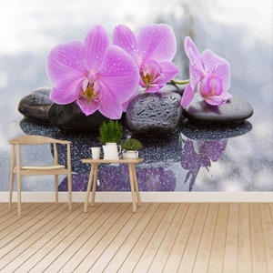 Orchids Stones peel and stick or classic glue wallpaper | mural Three pink orchids and black stones close up.  photomural self adhesive