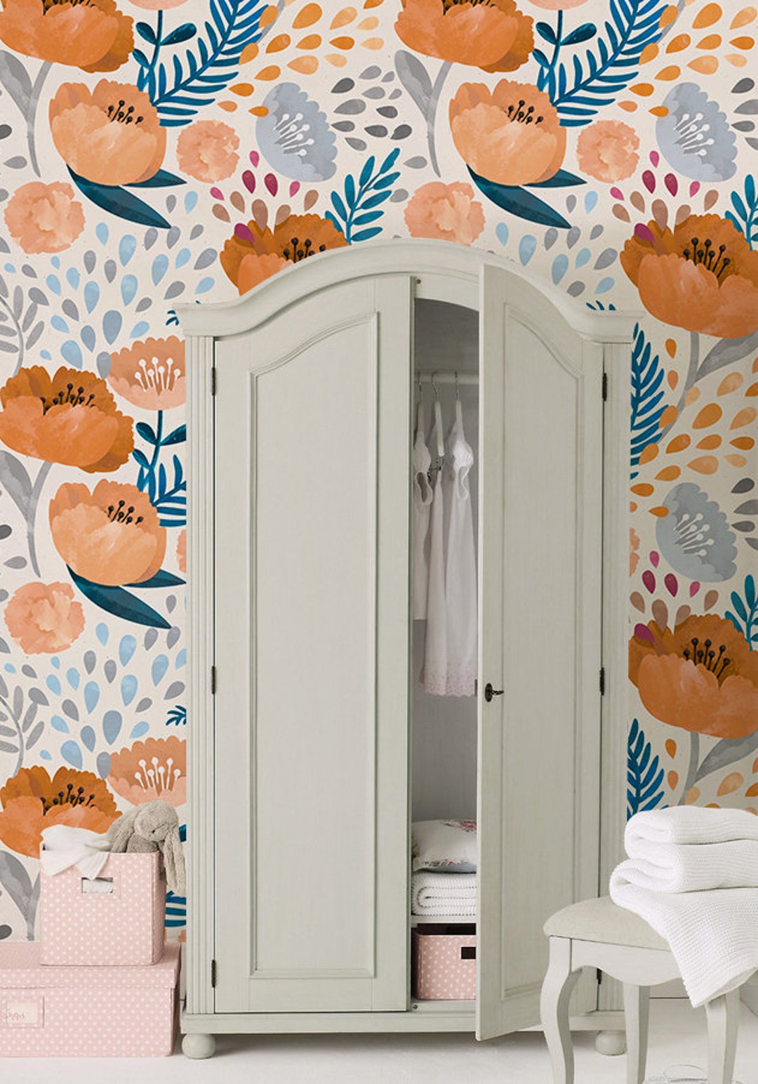 Wallpaper Roll, Removable Wallpaper, Orange Poppy Removable Wallpaper, Wall Repositionable, Self