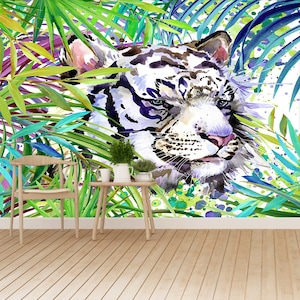 Tiger Retro abnehmbares oder traditionelles Wandbild | Wallpaper Tropischer exotischer Wald, grüne Blätter, wild lebende Tiere, weißer Tiger, Aquarell ...