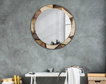 Geometrisk trä 3D, brun ramspegel, abstrakt mönsterspegel, spegelramtryck, cirkelfärgad spegel