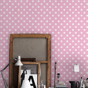 White Dots 339  - REMOVABLE WALLPAPER - Pink and White, Pattern, Vinyl Print, Home Decor, Wall Decor, High Quality, Minimalistic