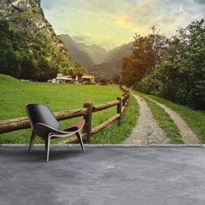 Swiss Alps peel and stick or classic glue wallpaper | mural Peaceful view of countryside in Swiss Alps  design photomural repositonable