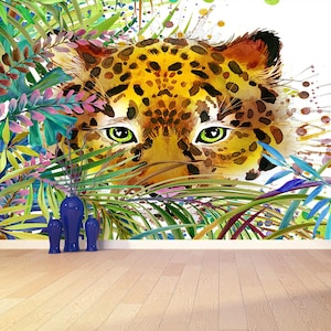 Leopard Retro selbstklebend oder einkleben und aufkleben Wandbild | Wandbekleidung Tropischer exotischer Wald, grüne Blätter, Wildtiere, Panther, Raubtier,.