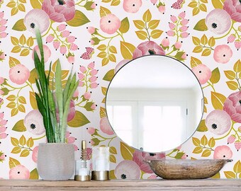 May include: Floral wallpaper featuring a repeating pattern of pink and white flowers, green leaves, and berries on a white background. A round mirror hangs on the wall, reflecting a room with a wooden shelf holding decor.