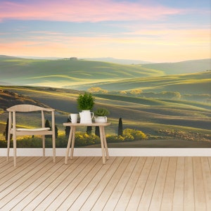 Peut inclure: Un ensemble de table et de chaise en bois devant une murale murale représentant des collines verdoyantes et un ciel bleu avec des nuages roses. La murale crée une ambiance relaxante et naturelle.