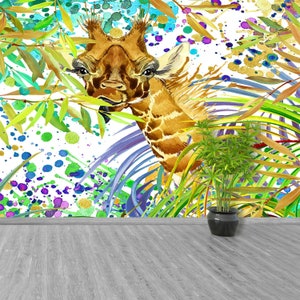 Giraffen Retro Schälen und aufkleben oder ganz klassisch aufkleben Foto Tapete | Wandbespannung, Wandbehang, Tropischer Wald, Giraffe, wilde Tiere, grüne Blätter,...