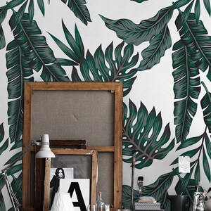 Exotic Palm 345  - REMOVABLE WALLPAPER - Jade and Silver, Leaves, Vinyl Print, Home Decor, Wall Decor, High Quality, Greenery