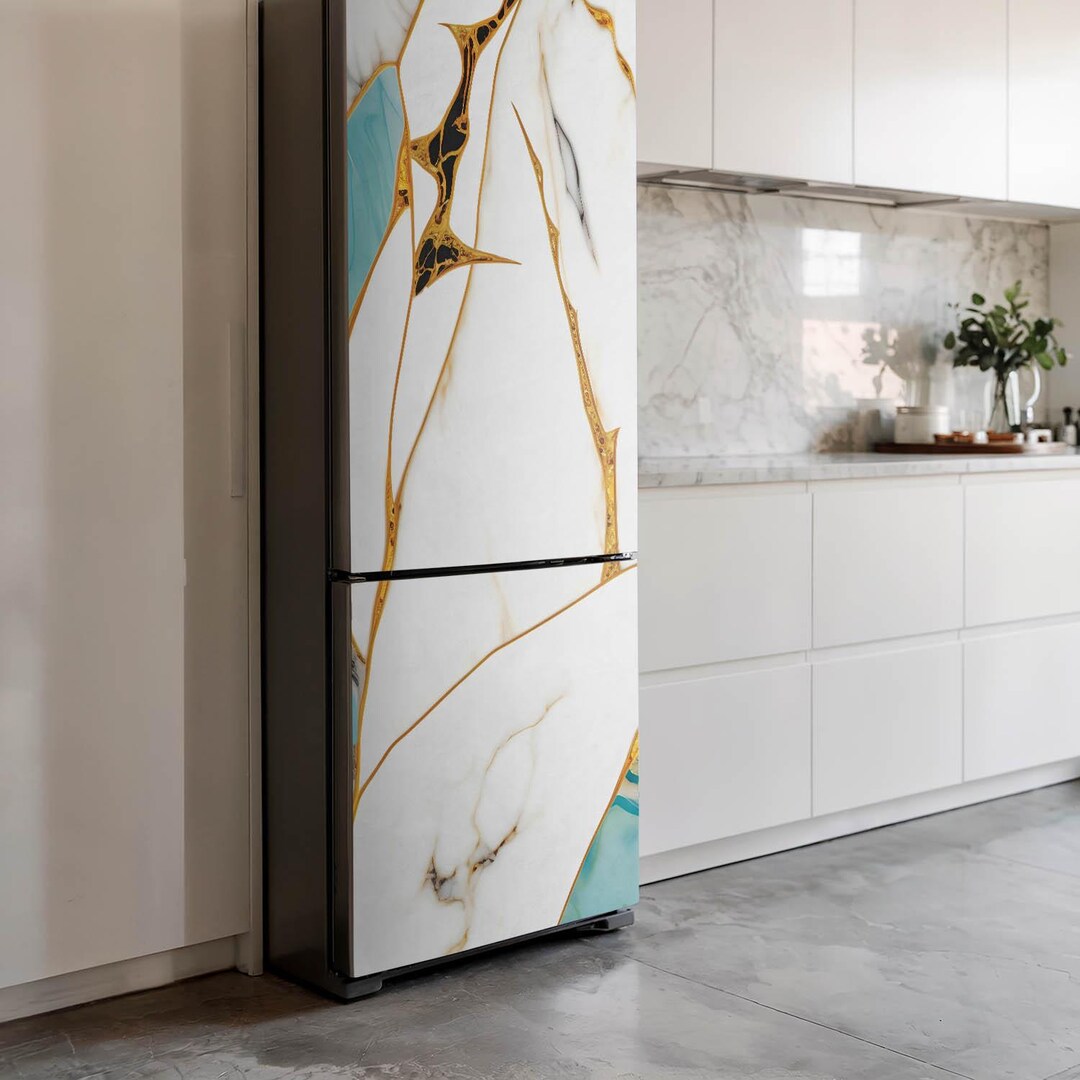 Patterned Refrigerator Abstract Marble Pattern Refrigerator Wrap, White Fridge Sticker ...