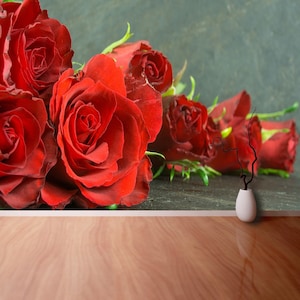 Red roses repositionable wallpaper | wall mural Red roses on slate,  Background  wall covering non-woven temporary photomural photo