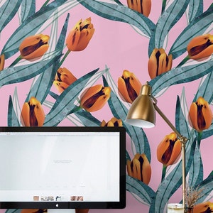 Tulips 143  - REMOVABLE WALLPAPER - Cerulean and Pastel Pink, Blooming, Wallcovering, Self-Adhesive Fabric, Eco-Friendly, Flowery