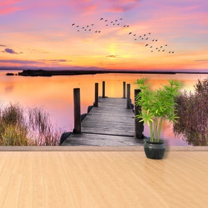 Pier Lake peel and stick or classic glue photo mural | wallpaper Pier on the lake at sunset  mural wall decor design wallpaper vinyl large