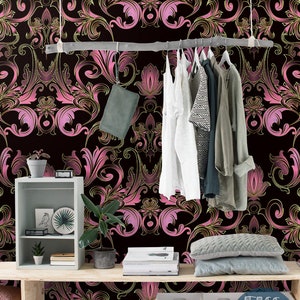 Pink Damask 267 - WIEDERHERSTELLBARE TAPETE - In Pink und Schwarz, Glamour, Vinyl, Home Decor, Wall Decor, High Quality, Retro