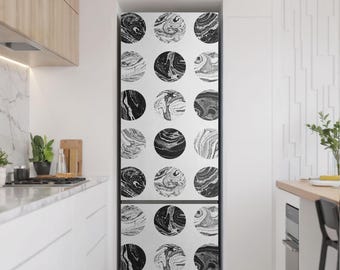 Sticker pour réfrigérateur, cercles dans un motif marbré, sticker pour réfrigérateur noir et blanc, décoration de réfrigérateur, décoration de cuisine