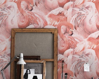 Flamingo Pattern 165  - REMOVABLE WALLPAPER - Coral Pink and Pink, Birds, Wall Decor, Reusable, Large Print, Custom Wallpaper, Tropical