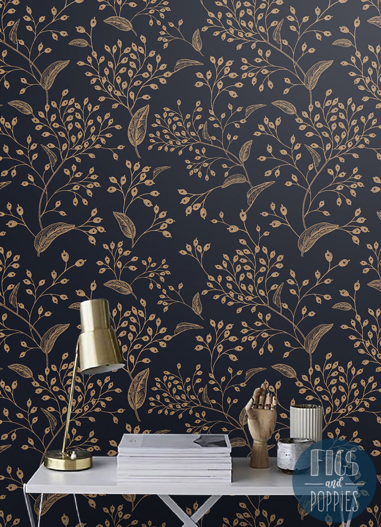 Gold Rowan 248 REMOVABLE WALLPAPER Gold and Onyx Foliage Etsy