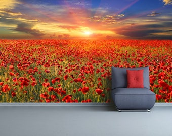 May include: A field of red poppies in full bloom against a vibrant sunset sky. The sun is setting behind the flowers, casting a warm glow over the scene.