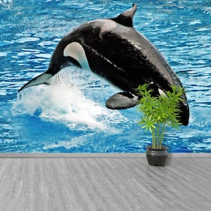 Killer whale peel and stick or classic glue photo wallpaper | mural whale jumping  design repositonable photomural removable nature