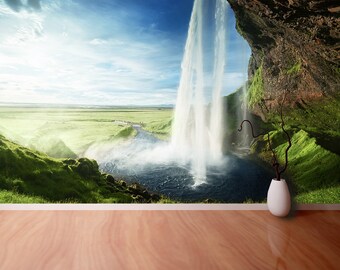 Waterfall Iceland removable or traditional photo wallpaper | wallcovering Seljalandfoss waterfall in summer time, Iceland  mural wall art