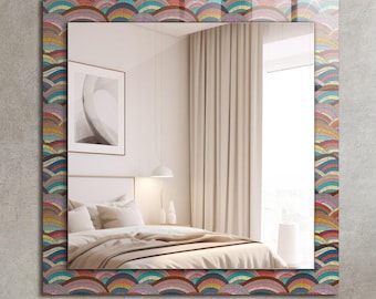 Färgglada bågar och vågor, Brun spegelram, Art déco-spegel, Designerspegel, Hallspegel, Mönsterram med tryck