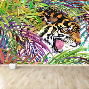 Tiger Retro Vlies oder selbstklebende Tapete | Wandbild Tropischer exotischer Wald, grüne Blätter, Wildtiere, Tiger, Aquarell ...