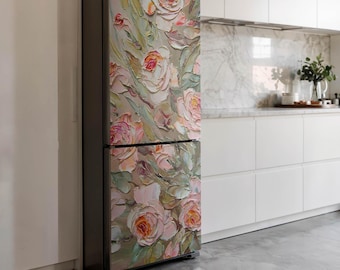 Malerei Blumenmotiv Kühlschrank Aufkleber, rosa Kühlschrank wickeln Aufkleber, Housewarming Geschenk, Küchen Aufkleber